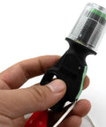 Portable Automatic Inflator For Life Jackets And Vests, CO2 Kit Compatible Half Inch Thread, held in hand, black casing.