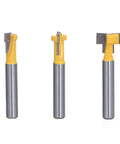Pro Keyhole Router Bits Set 3 Pcs 1/4 Inch Shank T Slot Milling Cutters in carbon steel for woodworking with yellow handles.