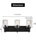 Three Light Modern Vanity Wall Sconce In Black With Hammered Glass Shades and dimensions shown for bathroom lighting.