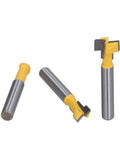Pro Keyhole Router Bits Set 3 Pcs 1/4 Inch Shank T Slot Milling Cutters made from durable carbon steel, showing three pieces.