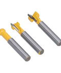 Pro Keyhole Router Bits Set 3 Pcs 1/4 Inch Shank T Slot Milling Cutters with carbon steel and yellow coating.