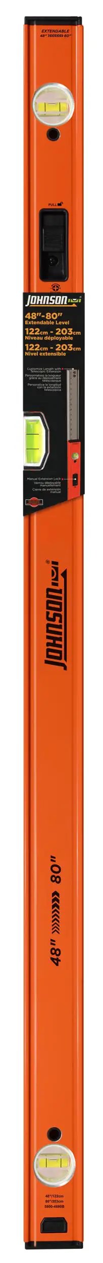 Hefty 48 To 80 Inch Telescoping Box Beam Level With Lock Tight Extension And Legit Precision Edges making heavy duty carpenter gear on display.