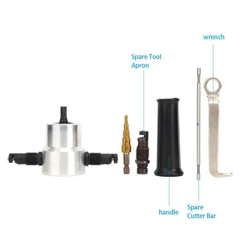 Pro Grade Double Head Metal Sheet Nibbler Cutter Drill Attachment Kit shown with accessories and 360 degree adjustable head