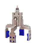 High Precision Pneumatic Fixture Cylinder With Four Claw Clamps And Sensor Switch Mechanical Arm Gripper Finger Cylinder For Automated Assembly Water Spout Clip Compatible With AHVG75 shown from a front angle with blue pads on claws.