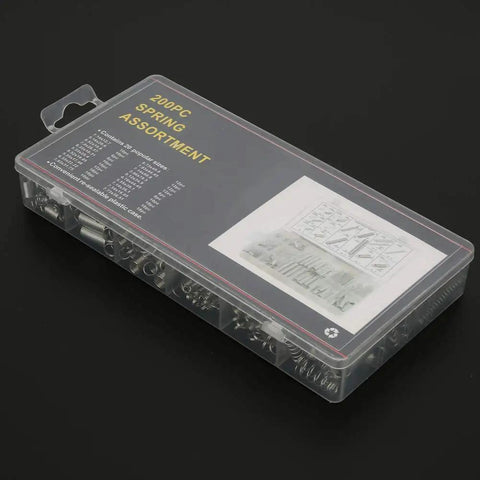 200 Piece Metal Spring Assortment Kit For Vehicle Repair And Home Projects Includes Both Extension And Compression Springs Made From Durable Galvanized Steel Perfect For Appliances Electronics And Heavy Duty DIY Fixes. clear plastic case with galvanized steel springs