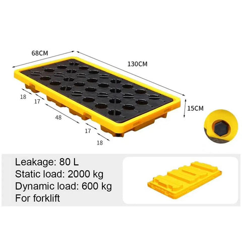 43L Yellow Spill Containment Pallet With Drain For Garage And Warehouse Heavy Duty Stackable HDPE Oil Drum Tray Drip Pan With Removable Grid Leak Proof Industrial Safety Storage with measurements