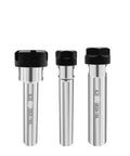 Rock Solid Extended Rod Side Fixed ER Chuck Built Like A Badass Workhorse For Heavy Hitting CNC Lathe Milling And Precision Threading That Knocks Each Job Tight - three sizes of ER chucks with black tops and silver shafts.