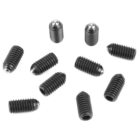 Pro-Grade M6 Carbon Steel Ball Nose Spring Plungers Hex Socket Locking Pins Ten Pack in various sizes laid out on a surface.