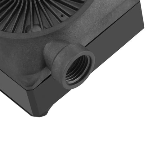Close-up view of Rock Solid 12V Water Pump for PC cooling featuring G1/4 threads and durable material.