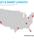Map showing 10 warehouse locations for fast logistics in the US, highlighted on a gray background.