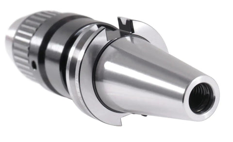 High Precision Cnc Integral Keyless Drill Chuck 1 32 To 5 8 In Cat40 Taper showcasing stainless steel design and tapered end.