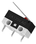AC 125V 2A Micro SPDT Limit Switch with long hinge lever, 3 pin rocker style, black and white compact design, side view