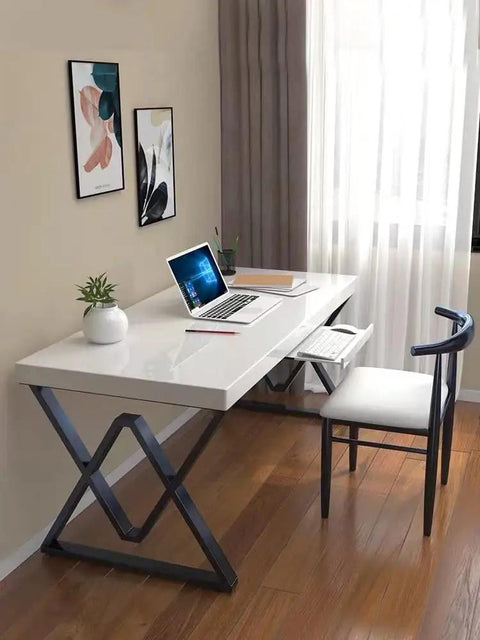 Modern desk with heavy duty cast iron table legs 28 inch high by 20 inch wide, set of 2 black finish, laptop on white tabletop