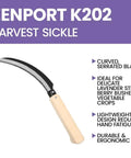 K202 Lavender Harvest Sickle And Berry Knife with notched wooden handle, six point five inch curved serrated blade, ergonomic design