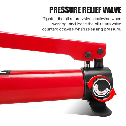 Close-up of red hydraulic pump with pressure relief valve from 15 Ton Hydraulic Knockout Punch Kit For Conduit Holes 22-60mm With 6 Dies.