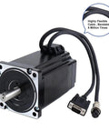 Nema 34 closed-loop stepper motor, front view with mounting flange, silver shaft, and driver cable.