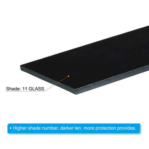 Super Tough Top Shelf Welding Lens Replacement Plates Shade 11 Glass Filters 4x2 Inch black glass panel with identifying shade info.