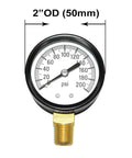 Pressure gauge with 2-inch dial, 0-200 psi, brass body, 1/4 in male NPT lower mount