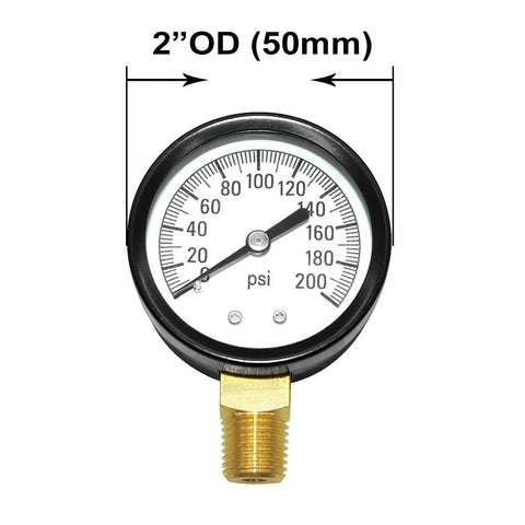 Pressure gauge with 2-inch dial, 0-200 psi, brass body, 1/4 in male NPT lower mount