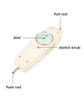 100N Analog Dynamometer Force Tester Handheld Push Pull Gauge For Electronics Hardware Auto Parts Industries Portable Dial Gauge With Pro Grade Precision Readings On The Go, beige body with dial, push rod, pull rod, and switch knob