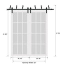 Diagram of Easy Glide Sliding Closet Doors Set with Clear Glass Barn Door Style Bypass Panels, dimensions and mounting details.
