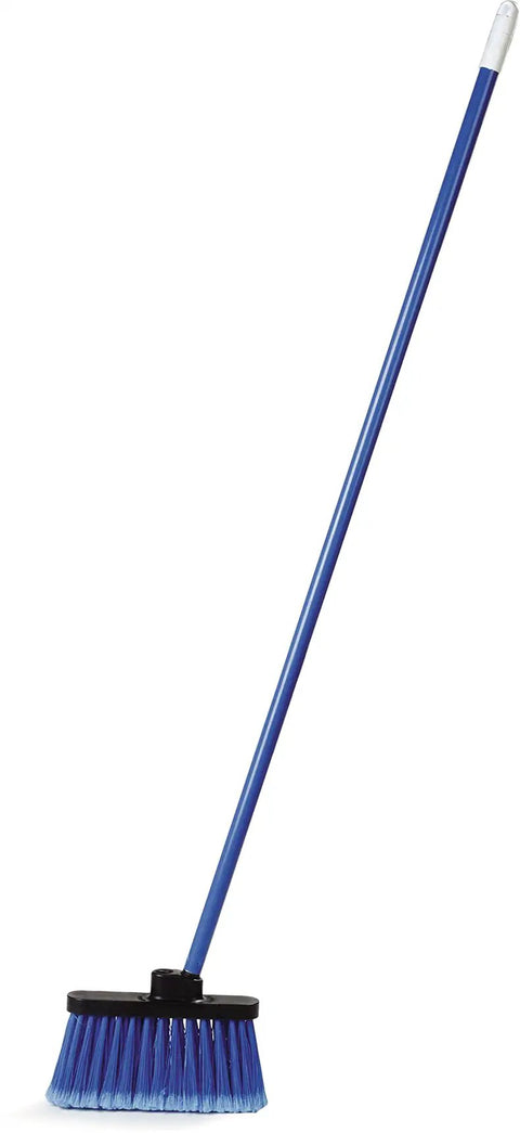 Slick Wide Light Industrial Lobby Broom With Flagged Blue Synthetic Bristles And Heavy Duty Metal Handle 53 Inch reach upright view.