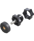 Seventeen Millimeter Ball Socket To One Fourth Twenty Thread Camera Mount Adapter For Car Mounts And Tripods, black plastic and metal, shown disassembled