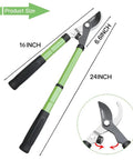 Beefy Heavy Duty Telescoping Loppers With SK5 High Carbon Steel Blade, Adjustable 16 To 24 Inch Handle, Cuts Thick Branches Up To 1.6 Inch, Two In One Pruner For Tall And Low Limbs, Garden Tree Trimming Made Easy, shown at full extension with close-up of blade detail.