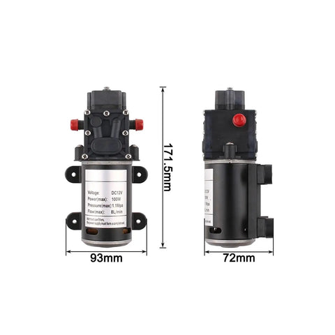 High Performance 12 Or 24 Volt 100 Watt Automatic Electric Diaphragm Water Pressure Pump dimensions with detailed view.