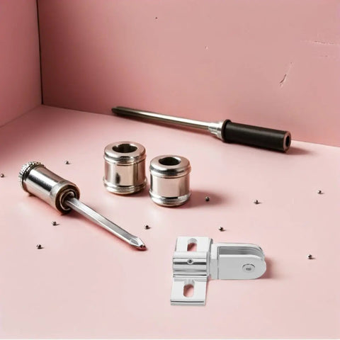 4 Pack Stainless Steel Shower Door Hinge Clamp, frameless glass installation on pink surface, tools shown