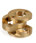 Upgrade Your 3D Printer Game With This Smooth Oldham Coupling For Z Axis Screw Drive Perfect For Ender3 And CR10 To Curb Vibration And Boost Print Accuracy Effortlessly. Brass Oldham coupling for Z axis screw drive, shown in close-up.