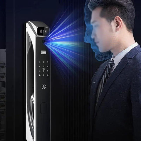 Ultimate Smart Door Lock Featuring Visual Intercom And 3D Fingerprint Recognition With Remote Unlock Capability Large screen video camera capturing biometric scan.