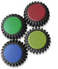 Four colorful round magnets with black edges, used for locking wood metal studs, part of Rock Solid Moving Magnet Stud Finder.