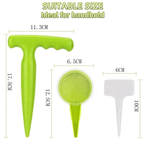 14 Pcs Seed Dispenser Set for Garden Hand Planter and Seeder Tool with dibber, hole puncher, and label measurements