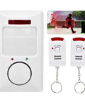 Home Security Alarm System With 105dB Siren Infrared Motion Sensor 30m Long Range Multi Channel Remote Control Wall Alert Easy Install Accurate Detection With Owner ID Delay For Safer Home white wall unit and two remote controls
