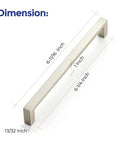 Solid Six And One Quarter Inch Square Cabinet Handles In Brushed Nickel showcasing dimensions, ideal for kitchen cabinets.