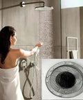 Woman in shower with Super Sturdy 10 Pack Stainless Steel Drain Strainers For Sink And Tub Rust Proof Mesh Hair Catchers.