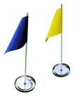 Two metal putting cups with flags for golf training hole, blue and yellow fabric flags, durable steel cup kit for indoor outdoor practice