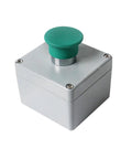 Front view of gray cast-aluminum enclosure with green mushroom push-button switch.