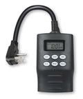 Ultimate Outdoor Digital Timer For Lights With Seven Day Programming And Dual Grounded Outlets showing digital display and plug.