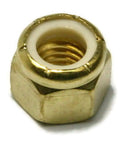 Heavy Duty Solid Brass Nyloc Hex Nuts Feature A Premium Nylon Insert That Grabs The Threads And Stays Locked Down During Rough Use Unc One Inch Eight Thread Pack Of One Hundred close-up view of a solid brass nyloc hex nut with nylon insert