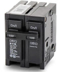 BR2100 Double Pole Interchangeable Circuit Breaker For 120 240V, 100 Amp, Black Finish, front view showing labels and toggles