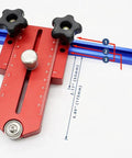Professional Thin Rip Table Saw Jig Guide showing metal body with measurement scale and adjustment knobs for precise cuts.