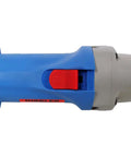 Close-up side view of heavy duty sheet metal cutter for 16 gauge steel and aluminum, showcasing blue handle and red switch, 2000 RPM.