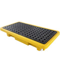 Stackable Drum Spill Containment Pallet With Drain, yellow HDPE tray, heavy-duty industrial steel for warehouse use.