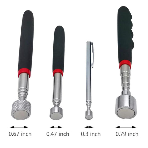 Heavy duty magnetic pickup tool set with four telescoping magnets for retrieving metal debris in tight spaces.