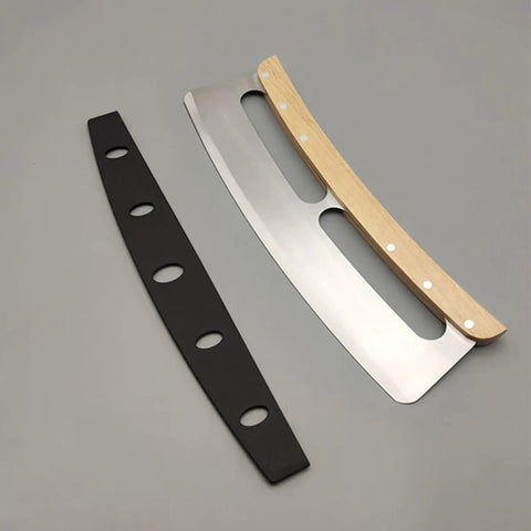 Ten Piece Pizza Cutter Sleeve Protectors With Edge Guard And Portable Design Universal Knife Guards For Kitchen Gear Camping BBQ And Picnic Use Portable Travel Friendly, showing wood-handled cutter and black sleeve.