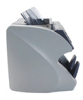 Universal Multinational Bill Counter With CIS Optical Reader Bulletproof Note Validation LCD Screen And Auto Print Receipt Straight Up Heavy Duty Cash Sorting Machine For Main Street Merchants side view showing sleek gray design and dual note feed.