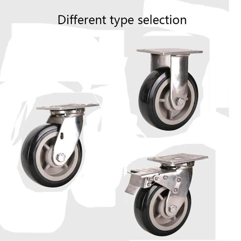 Heavy Duty 304 Stainless Steel Cart Wheels With Thick Flat Plate Casters, showcasing various caster types for utility use.