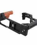 Wood Handle Metal Camera Cage for ZFC With Vertical Rig Design Cold Shoe Mount And Multiple One Quarter Inch And Three Eighths Inch Screw Holes For Attaching Top Handles Monitors And Tripods
